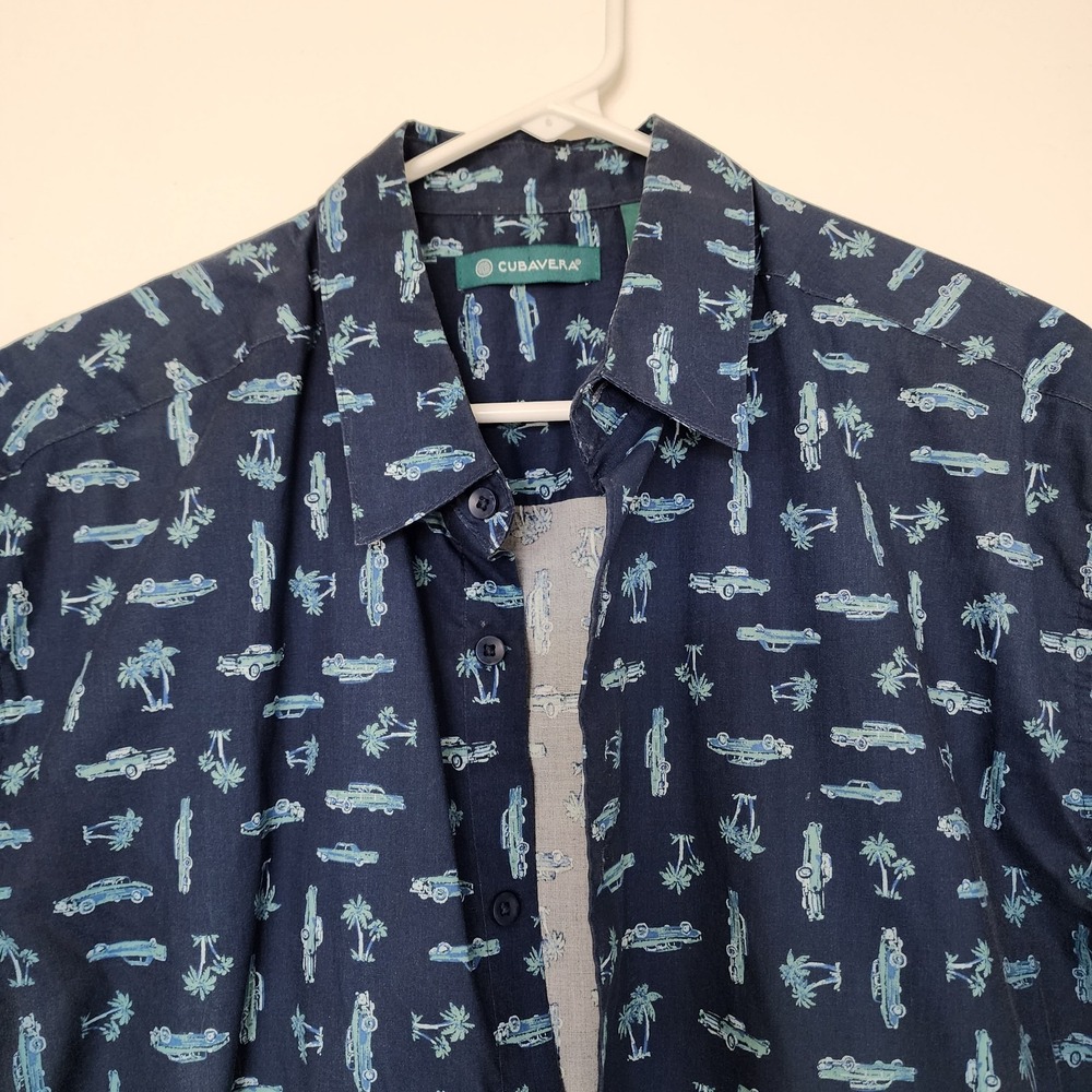 Cubavera Men's Medium Button Up Shirt Navy Blue Classic Cars Palm Trees Casual